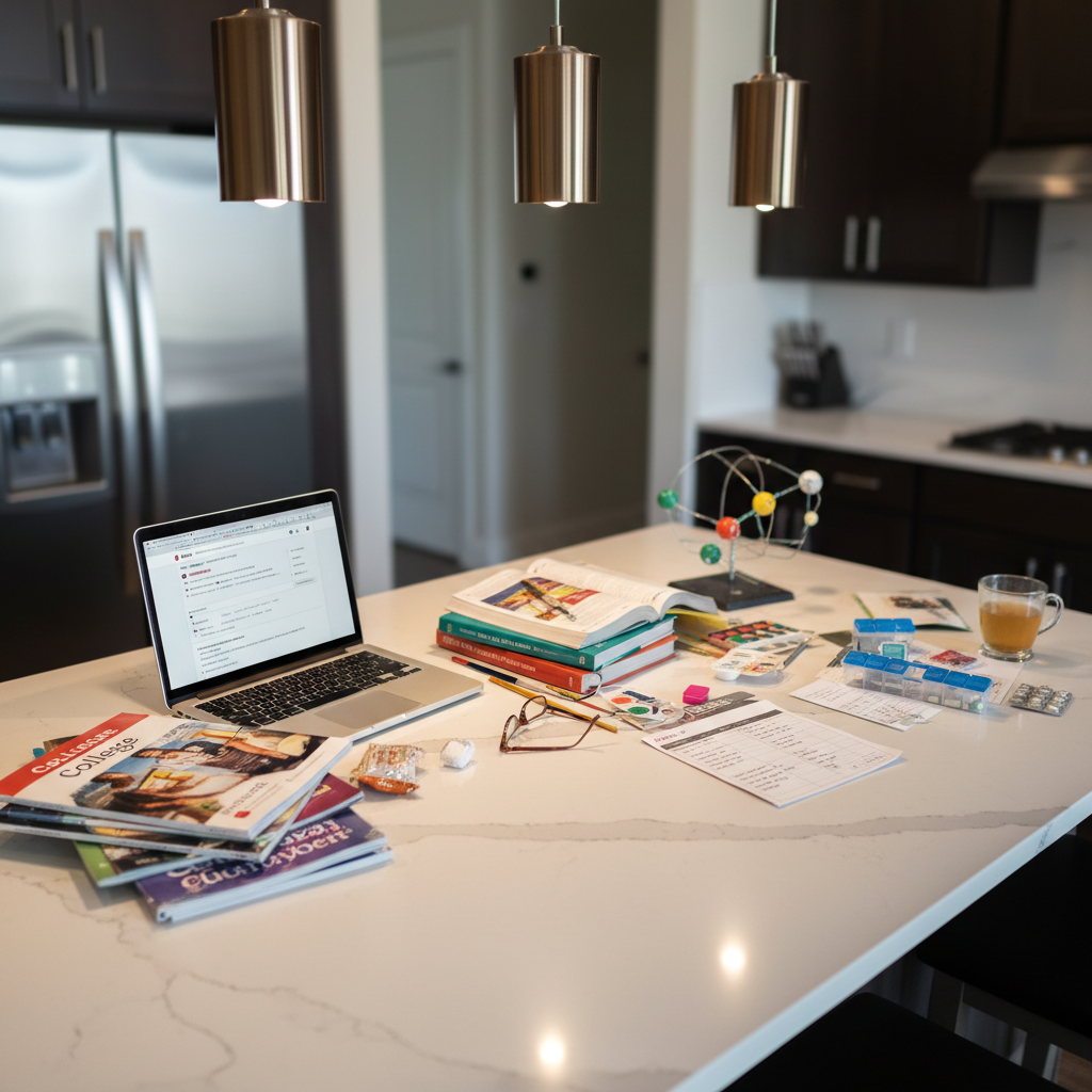A modern kitchen island in photographic realism, its smooth quartz surface divided into distinct zones of midlife parenting chaos: one end stacked with college brochures and a laptop showing a college application portal, the middle cluttered with high school textbooks and a half-finished science project model, and the far end holding neatly arranged pill organizers and a folded caregiving schedule. Overhead pendant lights cast warm, focused pools of light that pick out glossy paper edges and screen reflections, while the background cabinets blur softly. Shot from a slightly elevated angle using the rule of thirds, the composition feels energetic yet organized, conveying the juggling act of midlife parenting with humor and authenticity, without any people present.