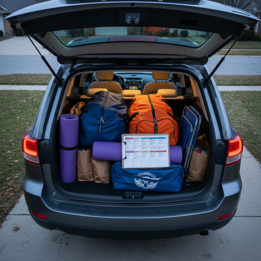 An early-morning suburban driveway scene in photographic style, viewed from above the open trunk of a mid-size SUV. The trunk is meticulously yet chaotically packed with duffel bags in school colors, a rolled-up yoga mat, grocery bags, a portable folding chair for games, and an open clipboard with a color-coded weekly schedule filled in. Soft blue pre-dawn light mixes with the warmer glow of the car’s interior light, creating gentle highlights on the objects and subtle reflections on the rear window. The composition uses a bird’s-eye view with sharp focus throughout, evoking a humorous, relatable sense of midlife parenting logistics and the constant motion of teen activities, without showing any humans.